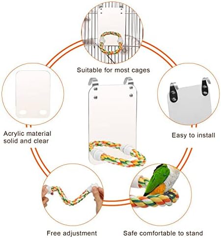AHIER 7 Inch Bird Mirror with Rope Perch, Bird Toys Swing Parrot Grinding Stone with Bell for