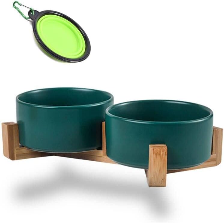Petygooing Dog Bowls,Green Ceramic Cat Dog Bowl Set with Stand for Food and Water Feeder,Non-Slip