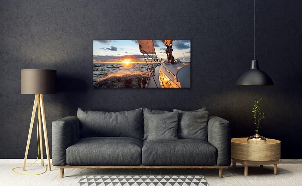 Yacht Sailing in Sea at Sunset Scenery Canvas Wall Art for Living Room Bathroom,Close-up View of