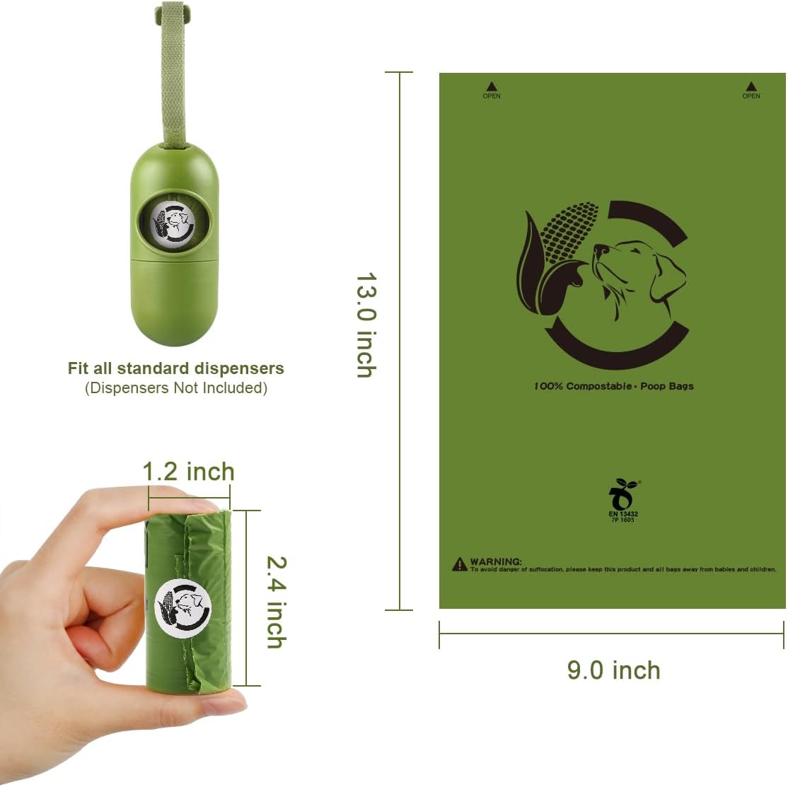 Certified Compostable Dog Poop Bags, 120 Count Landfill Friendly and Leakproof Waste Bags, Easy