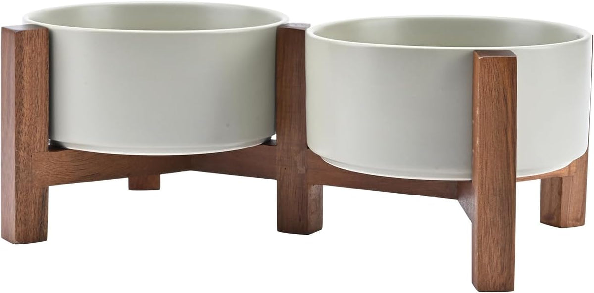 SPUNKYJUNKY Ceramic Dog Bowls with Acacia Wood Stand - Raised Dog Food and Water Bowl Set for