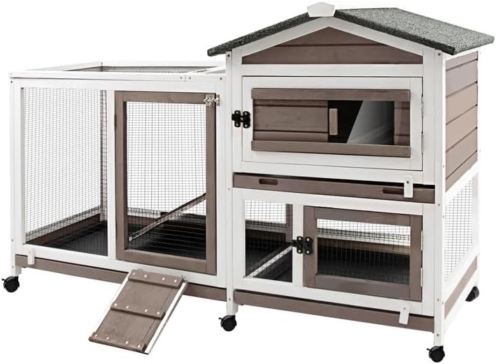 Rabbit Hutch Indoor Outdoor Two Story Bunny Hutch with Wheels Guinea Pig Cage with Removable No