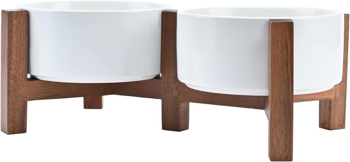 SPUNKYJUNKY Acacia Wood Stand Dog Bowl Set Raised, Ceramic Dog Food & Water Bowl for Medium Dogs