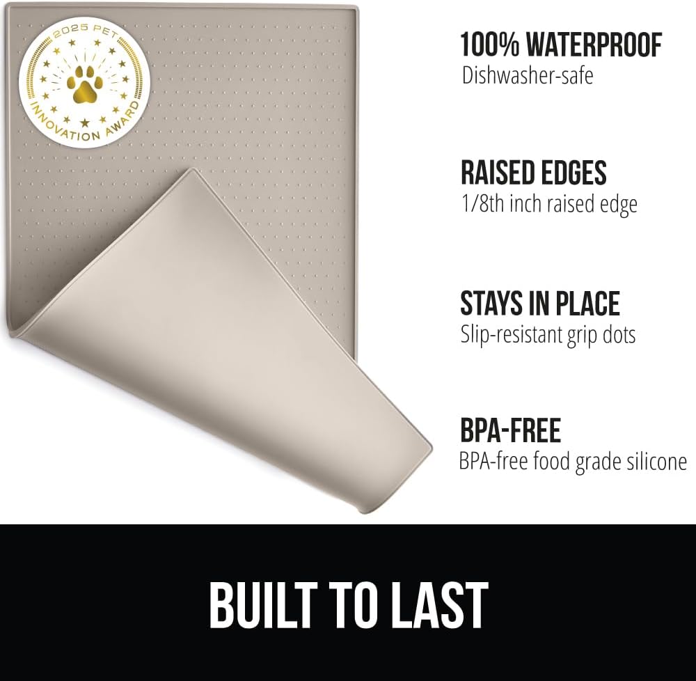 GORILLA GRIP 100% Waterproof Raised Edge BPA Free Silicone Pet Feeding Mat, Dog Cat Food Mats