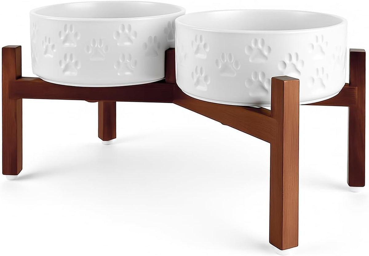 SPUNKYJUNKY Ceramic Elevated Dog Bowl Set with Acacia Wood Stand for Food and Water for Medium Dogs