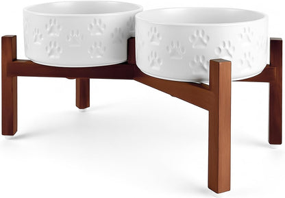SPUNKYJUNKY Ceramic Elevated Dog Bowl Set with Acacia Wood Stand for Food and Water for Medium Dogs