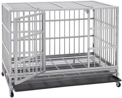 54/48/42/38 Inch Heavy Duty Dog Crate Cage with Wheels, Indestructible and Escape Proof Steel
