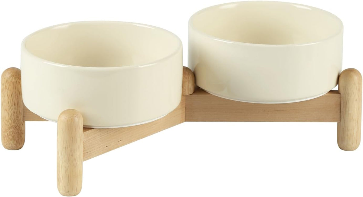 Ceramic 5.1inch Raised Double Bowls Set with Wooden Stand, Elevated Food & Water Bowls for Small