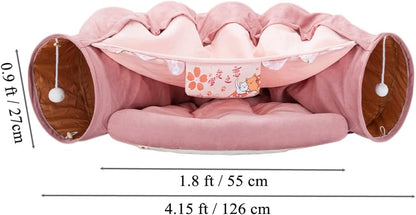2 in 1 Cat Tunnel Bed Tube with Cushion and Plush Ball Toy Playground Crinkle Collapsible for Large