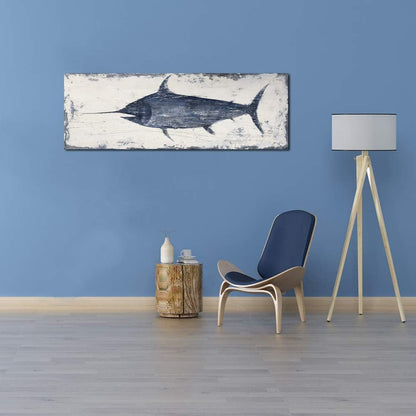 Yihui Arts Indigo Blue Swordfish Canvas Wall Art Painting Pictures for Living Room Bedroom Bathroom
