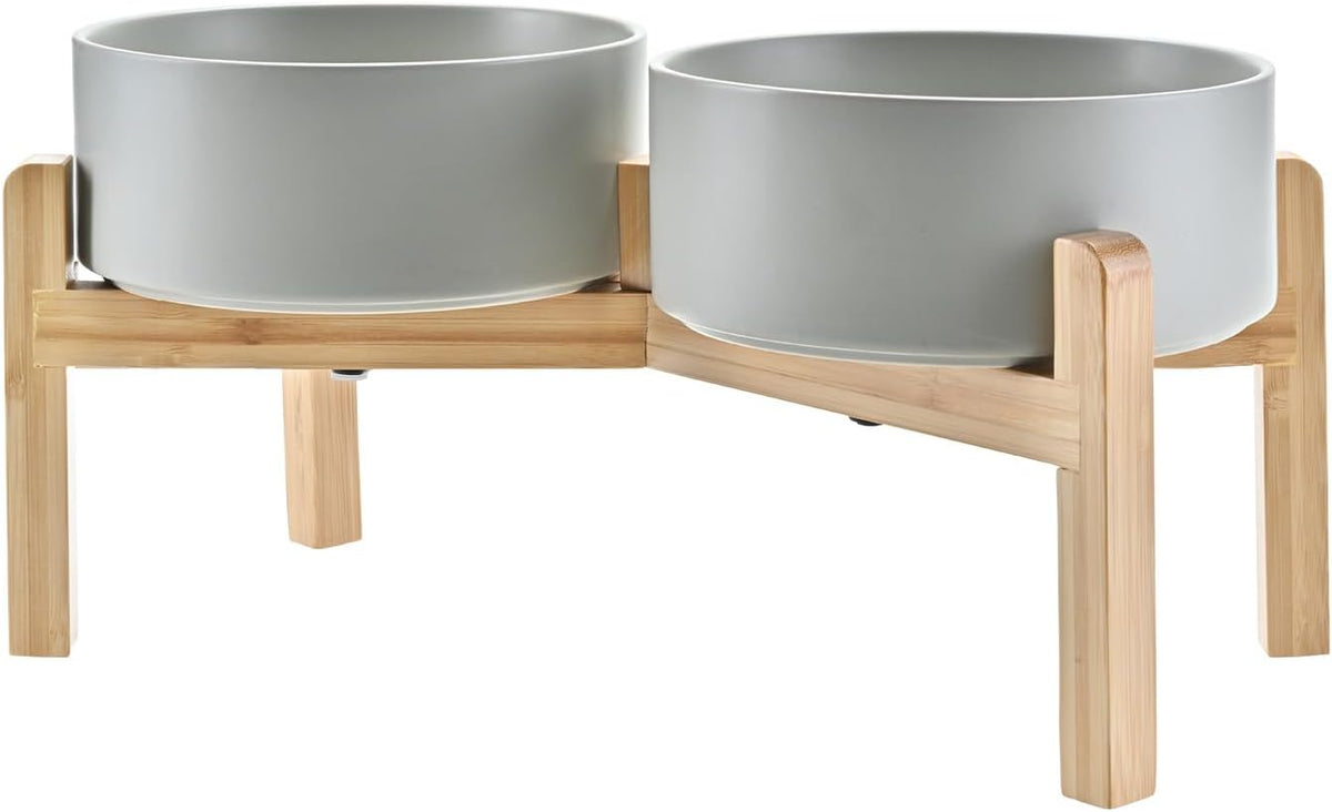 SPUNKYJUNKY Elevated Dog Bowls Ceramic, 7.3'' Dogs Food Water Bowls Raised with Non-Slip Bamboo