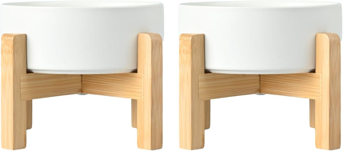 SPUNKYJUNKY Ceramic Elevated Dog Bowls 2 Pack - 6.1inch Raised Dog Bowls with Non-Slip Wooden Stand