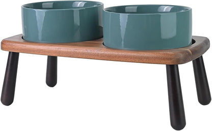 SPUNKYJUNKY Ceramic Elevated Dog Bowls Raised with Acacia Bamboo Wooden Stand, 6.1'' Dog Cat Food