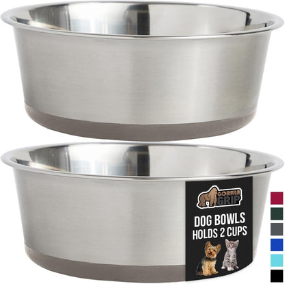 GORILLA GRIP Set of 2 Dog Bowls, Heavy Duty Metal Food and Water Bowl for Feeding Dogs and Cats