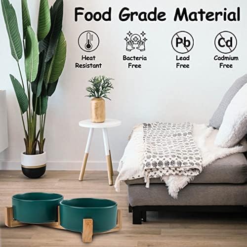 Petygooing Dog Bowls,Green Ceramic Cat Dog Bowl Set with Stand for Food and Water Feeder,Non-Slip