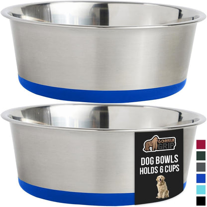 GORILLA GRIP Set of 2 Dog Bowls, Holds 6 Cups (48 fl oz), Heavy Duty Metal Food and Water Bowl for
