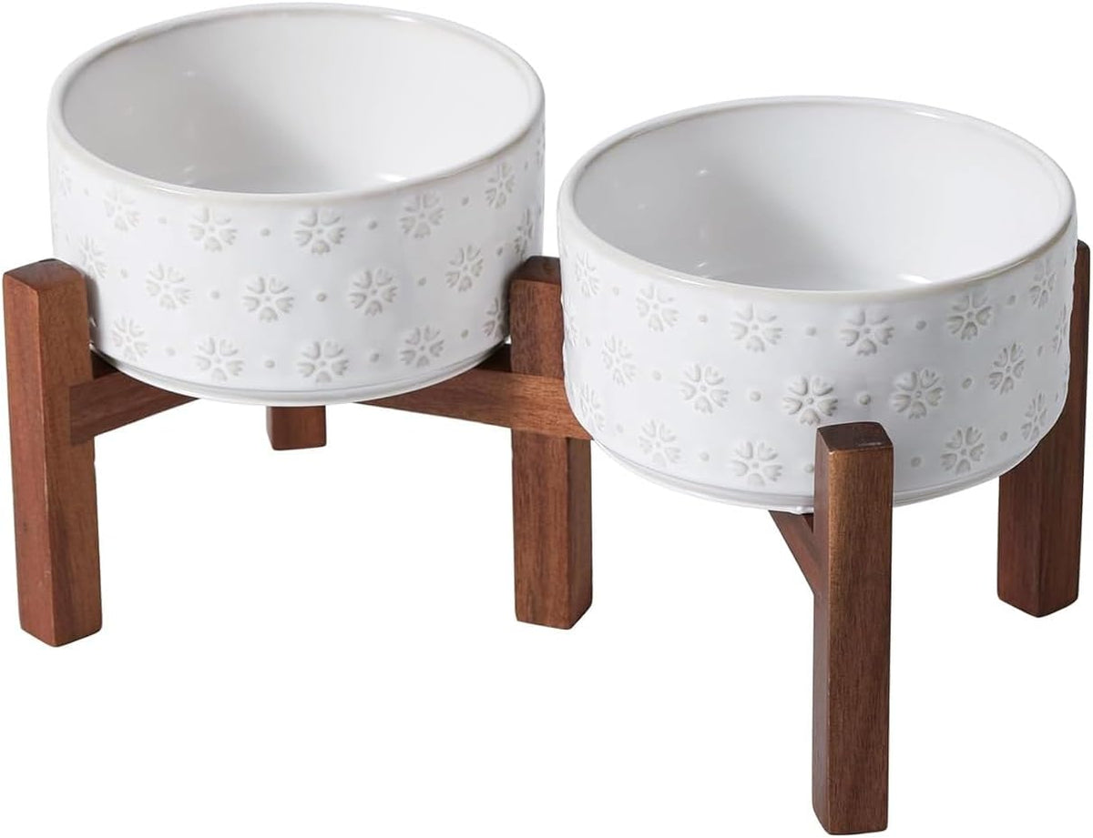 SPUNKYJUNKY Ceramic Dog Bowls Dog Bowl Set with Acacia Wood Stand Raised Dog Bowl Dog Food and