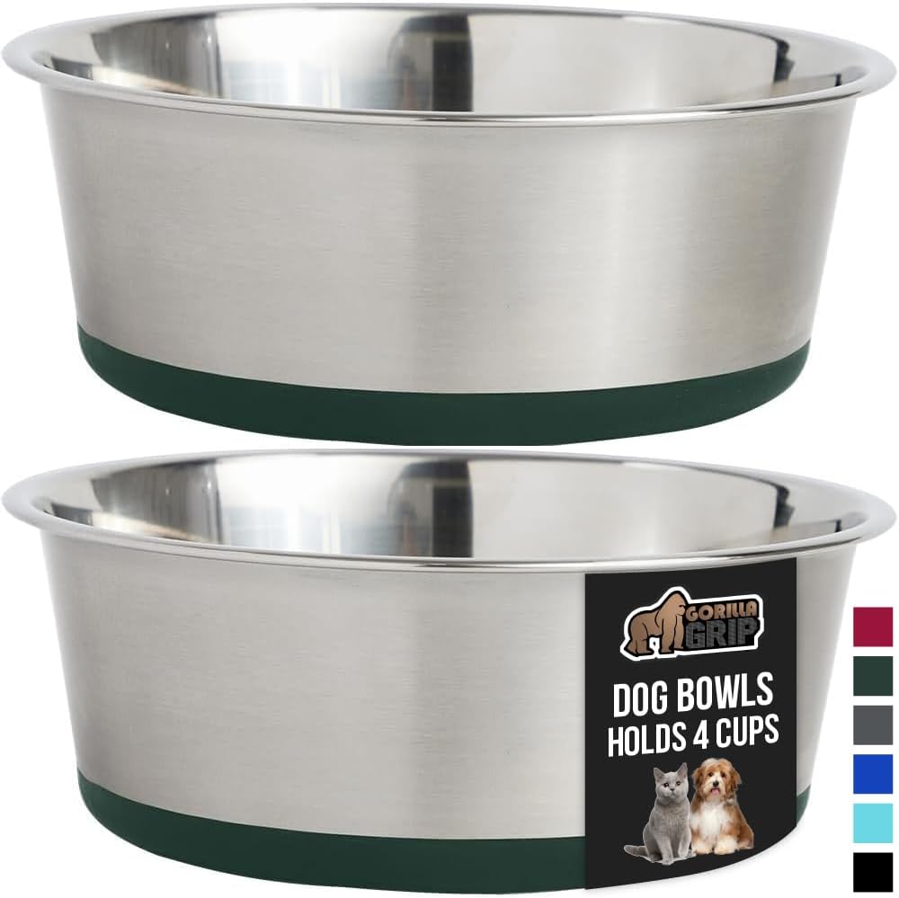 GORILLA GRIP Set of 2 Dog Bowls, Holds 4 Cups (32 fl oz), Heavy Duty Metal Food and Water Bowl for