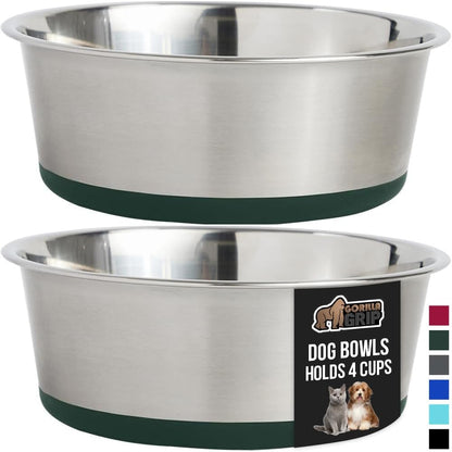 GORILLA GRIP Set of 2 Dog Bowls, Holds 4 Cups (32 fl oz), Heavy Duty Metal Food and Water Bowl for