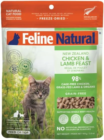 Feline Natural High Protein Dry Cat Food, Freeze-Dried Diet with 98% Meat, Organs & Seafood, No