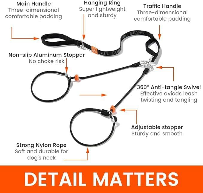 Howgo Double Slip Leash Slip Lead with Two Handles| Dual Dog Slip Lead for 2 Dogs,360° Swivel No