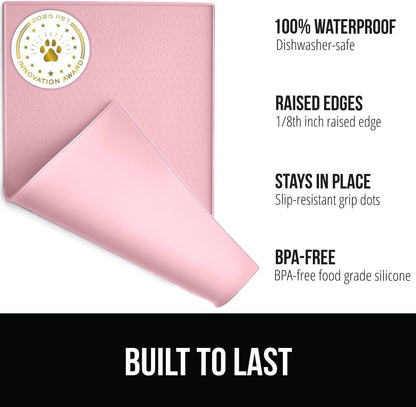 GORILLA GRIP 100% Waterproof Raised Edge BPA Free Silicone Pet Feeding Mat, Dog Cat Food Mats