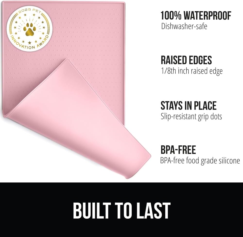 GORILLA GRIP 100% Waterproof Raised Edge BPA Free Silicone Pet Feeding Mat, Dog Cat Food Mats