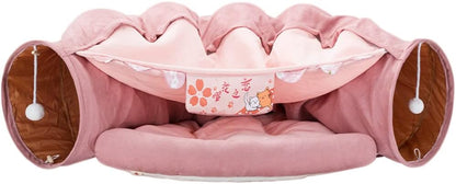 2 in 1 Cat Tunnel Bed Tube with Cushion and Plush Ball Toy Playground Crinkle Collapsible for Large