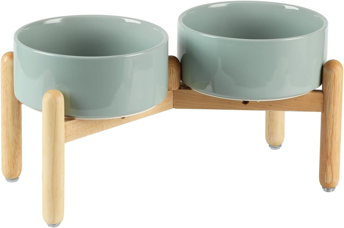 Ceramic 7.3inch Raised Double Bowls Set with Wooden Stand, Food & Water Bowls for Medium Breed