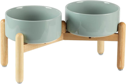 Ceramic 7.3inch Raised Double Bowls Set with Wooden Stand, Food & Water Bowls for Medium Breed