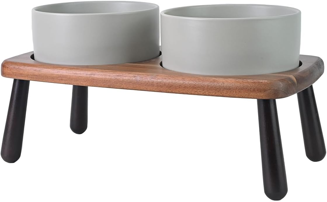 SPUNKYJUNKY Ceramic Elevated Dog Bowls Raised with Acacia Bamboo Wooden Stand, 6.1'' Dog and Cat