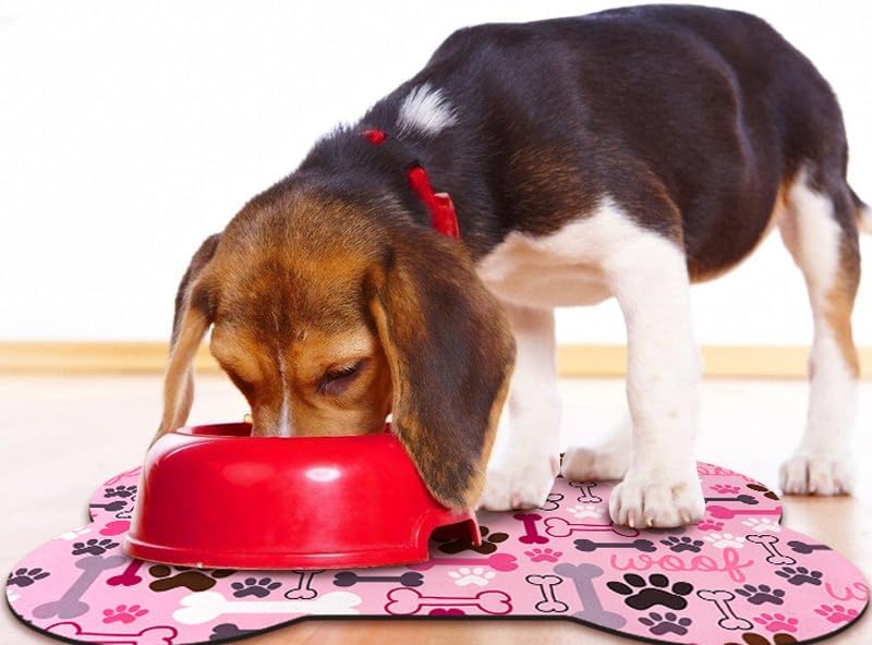 Dog Food Mats for Floors Waterproof, Pet Feeding Absorbent Water Bowl Mat Cat Placemats Pink Bone