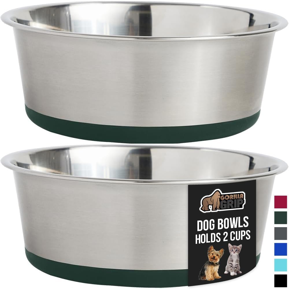 GORILLA GRIP Set of 2 Dog Bowls, Heavy Duty Metal Food and Water Bowl for Feeding Dogs and Cats