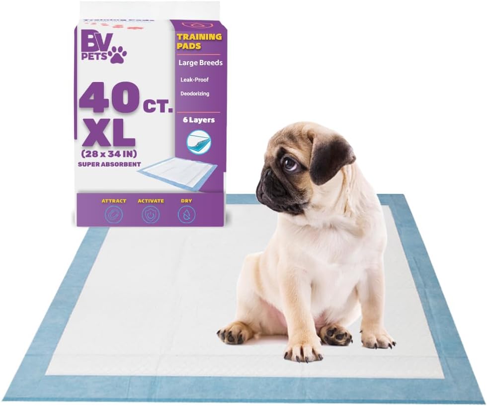 BV Puppy Pads XL 40 Count 28"x34" - Leak-Proof Pee Pads for Dogs with 6-Layer Design, Rapid Dry