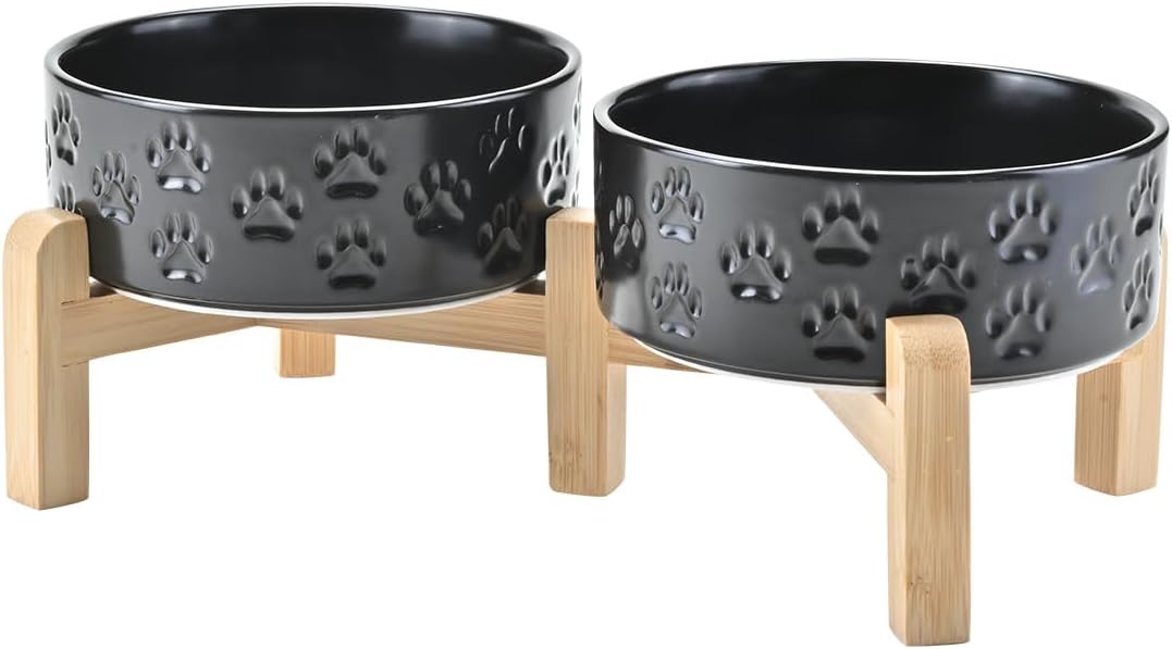 SPUNKYJUNKY Elevated Dog Bowls Ceramic, 5.1'' Dogs and Cat Food Water Bowls Raised with Non-Slip