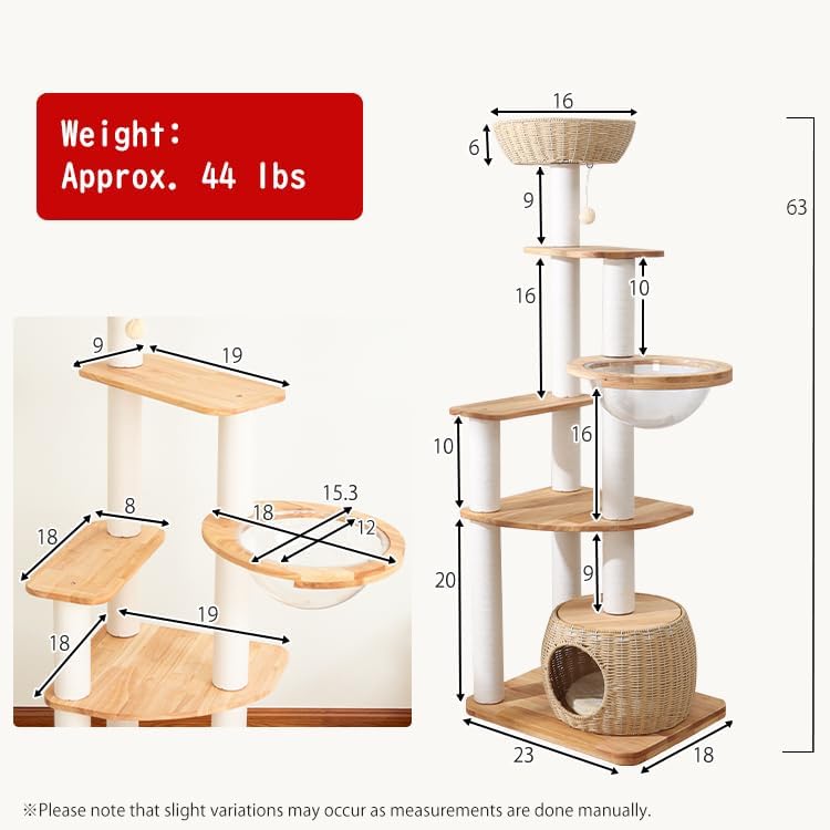 Wooden Cat Tower for Large Cats 63’‘, Modern Multi-Level Condo with Natural Wood, Indoor Cat