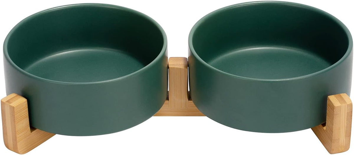 SPUNKYJUNKY Ceramic Dog and Cat Bowl with Wood Stand Non-Slip Matte Glaze Weighted Food Water Set