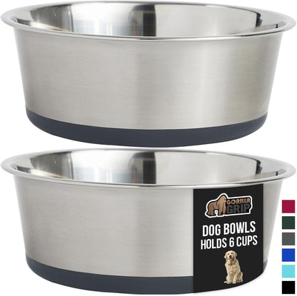 GORILLA GRIP Set of 2 Dog Bowls, Holds 6 Cups (48 fl oz), Heavy Duty Metal Food and Water Bowl for