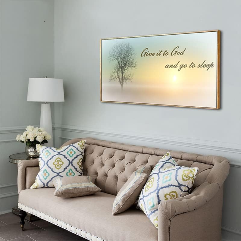 Lasdel Natural Extra Framed Canvas Wall Art of Misty Sunset & Tree Plant Picture For Bedroom Home