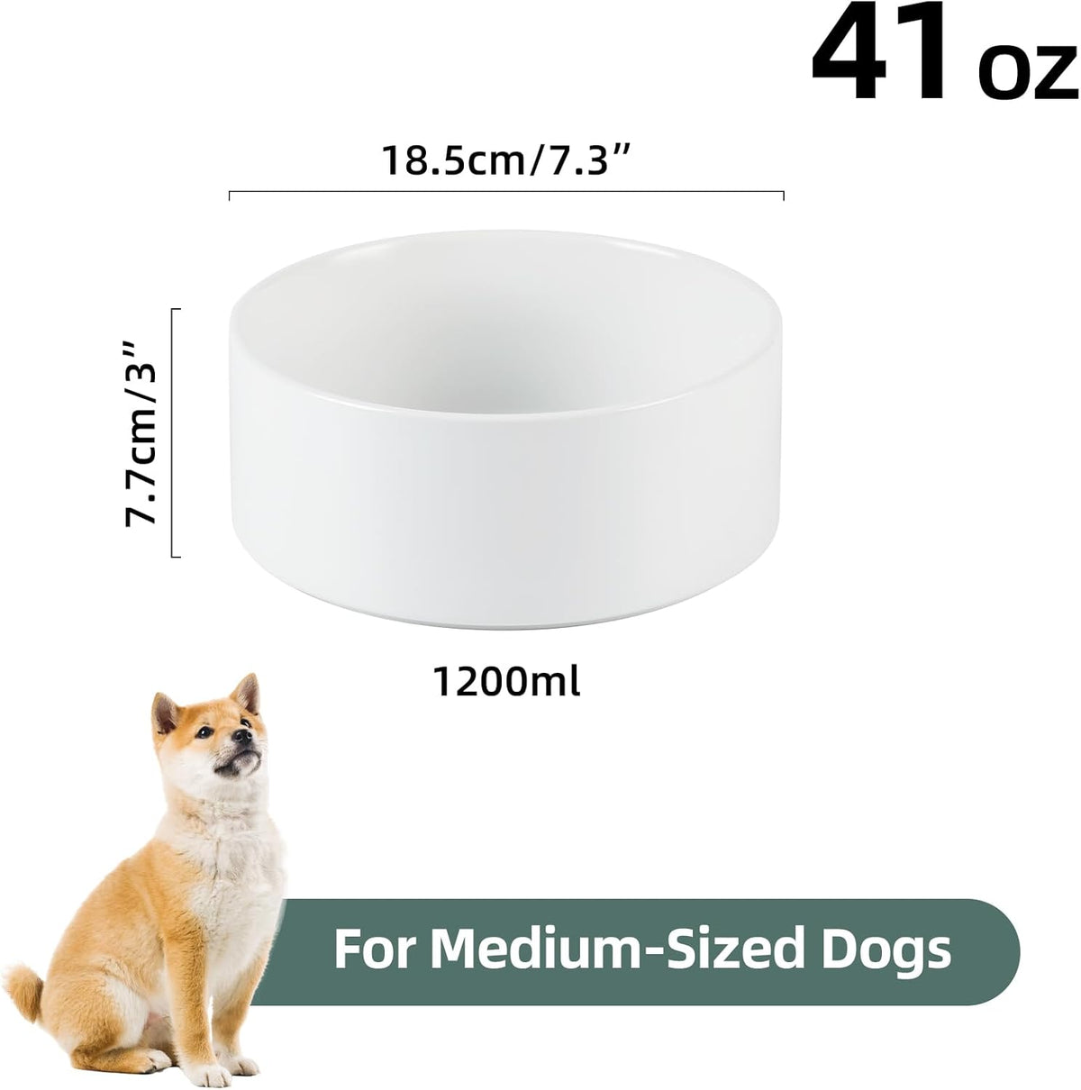 Ceramic Dog Bowl, Food and Water Bowl for Medium Breed Dog, Pet Bowl for Replacement (7.3 inch