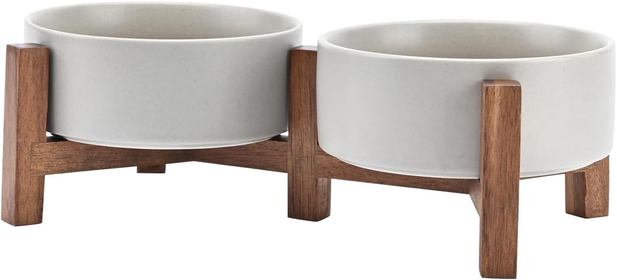 SPUNKYJUNKY Ceramic Dog Bowls Set with Acacia Wood Stand - Raised Dog Food and Water Bowl for Small