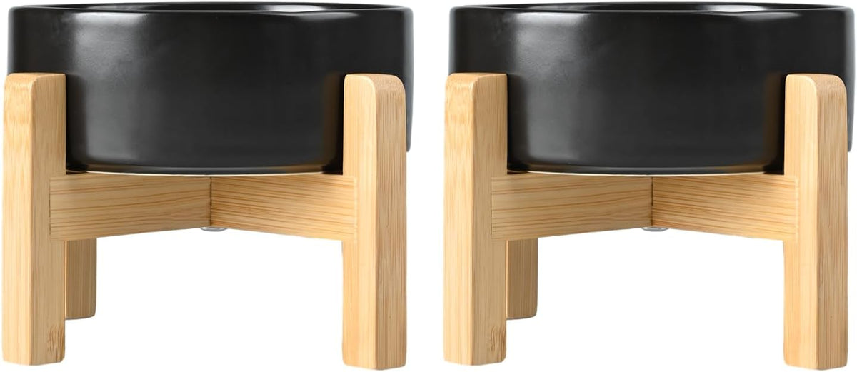 SPUNKYJUNKY Ceramic Elevated Dog Bowls 2 Pack - 8.3inch Raised Dog Bowls with Non-Slip Wooden Stand