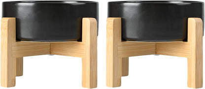SPUNKYJUNKY Ceramic Elevated Dog Bowls 2 Pack - 8.3inch Raised Dog Bowls with Non-Slip Wooden Stand