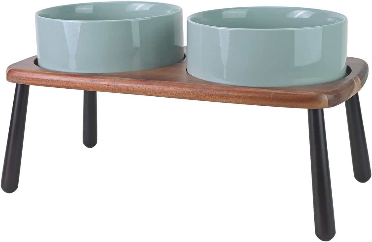 SPUNKYJUNKY Ceramic Elevated Dog Bowls Raised with Acacia Bamboo Wooden Stand, 8.3'' Dog Food Water