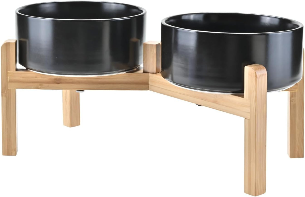 SPUNKYJUNKY Elevated Dog Bowls Ceramic, 7.3'' Dogs Food Water Bowls Raised with Non-Slip Bamboo