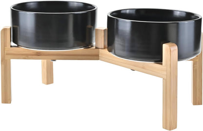 SPUNKYJUNKY Elevated Dog Bowls Ceramic, 7.3'' Dogs Food Water Bowls Raised with Non-Slip Bamboo