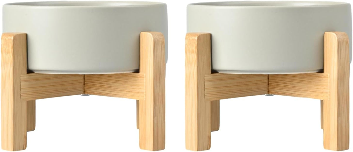 SPUNKYJUNKY Ceramic Elevated Dog Bowls 2 Pack - 8.3inch Raised Dog Bowls with Non-Slip Wooden Stand