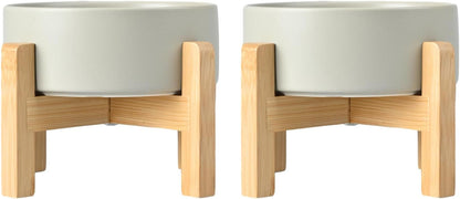 SPUNKYJUNKY Ceramic Elevated Dog Bowls 2 Pack - 8.3inch Raised Dog Bowls with Non-Slip Wooden Stand