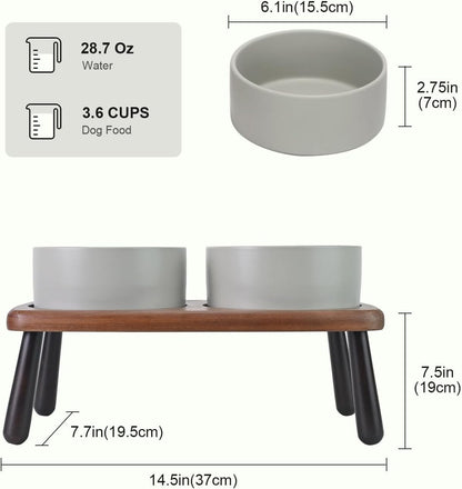 SPUNKYJUNKY Ceramic Elevated Dog Bowls Raised with Acacia Bamboo Wooden Stand, 6.1'' Dog and Cat
