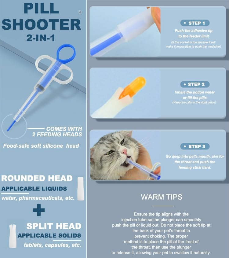 Cat Pill Shooter 5-in-1 Kit, Pet Pill Cutter and Crusher for Cats and Dogs, Dog Tablet Soft Tip